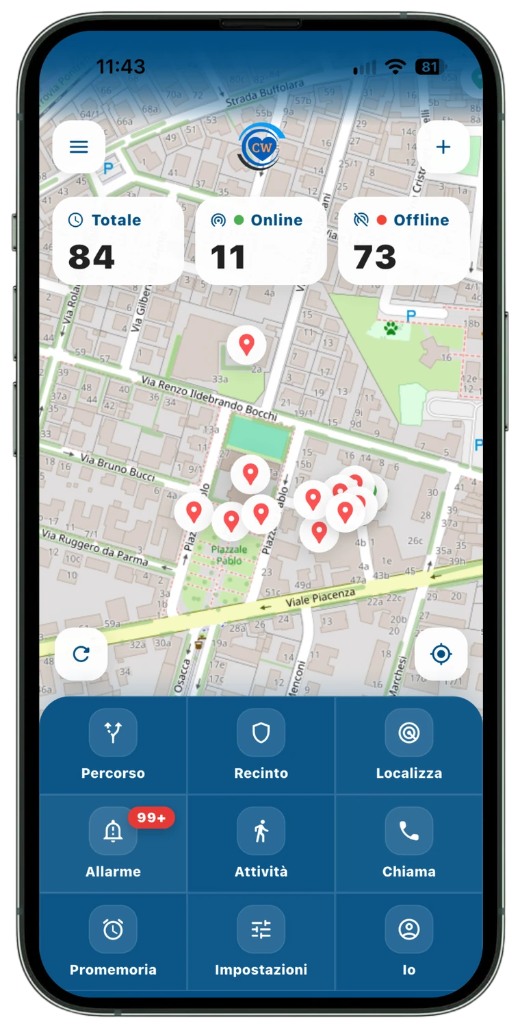 Dashboard CareWatch con mappa e dispositivi