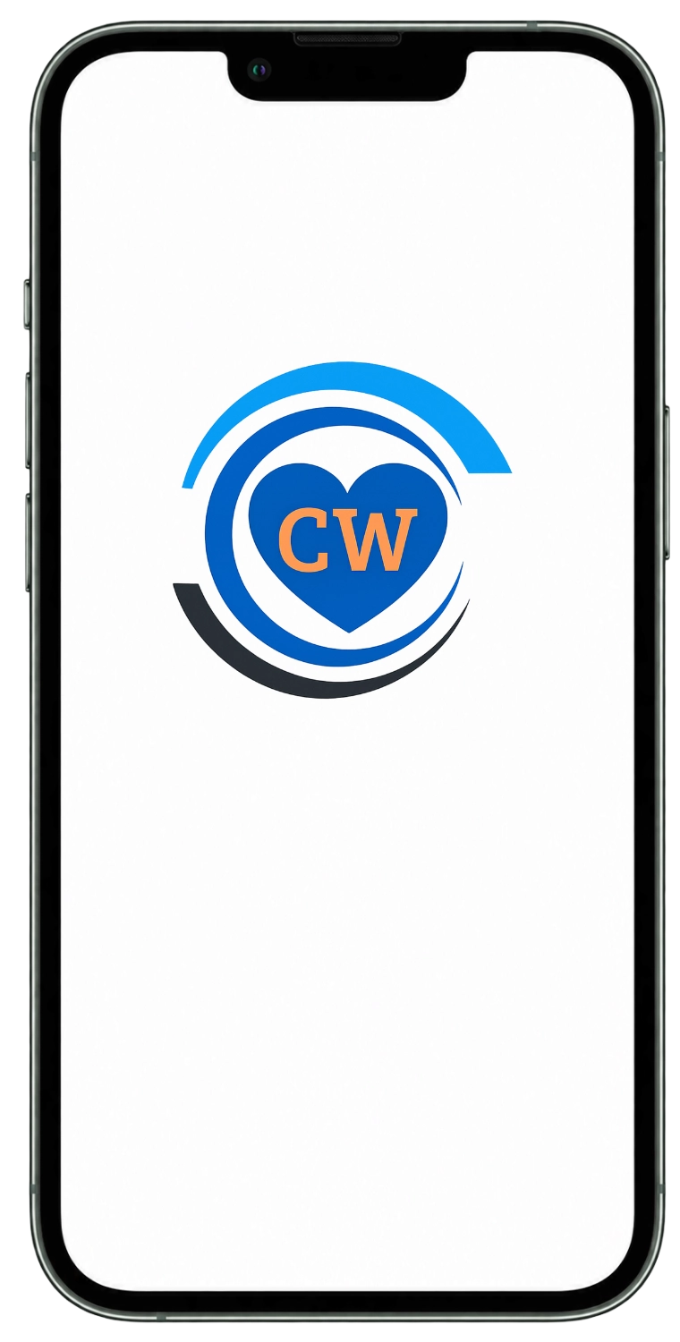 Smartphone con schermata CareWatch bianca e logo